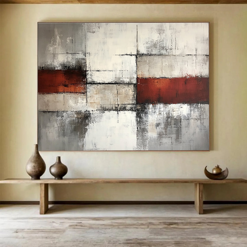 Gray, White, and Red Abstract Painting ABS589