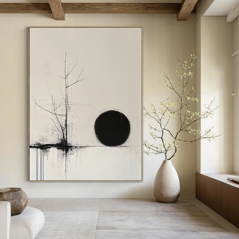 Bare Tree and Black Circle Abstract Painting of Quiet Contemplation GAB0204