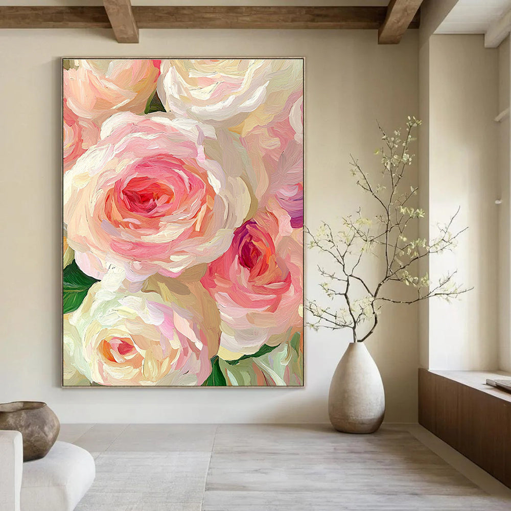 Pink and White Rose Blooms Abstract Painting with Lush Textures GAB0068