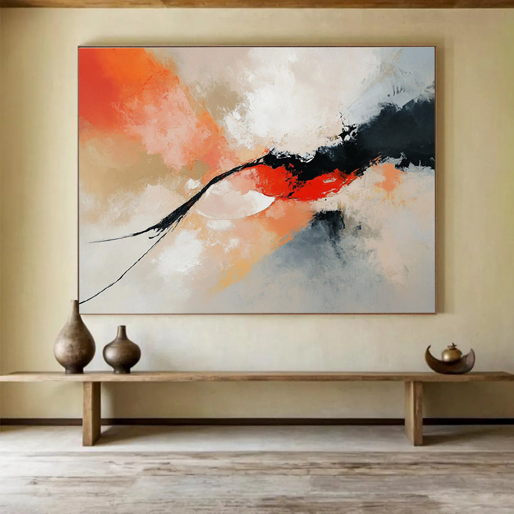 Orange and Black Abstract Painting with Dynamic Forms ABS424