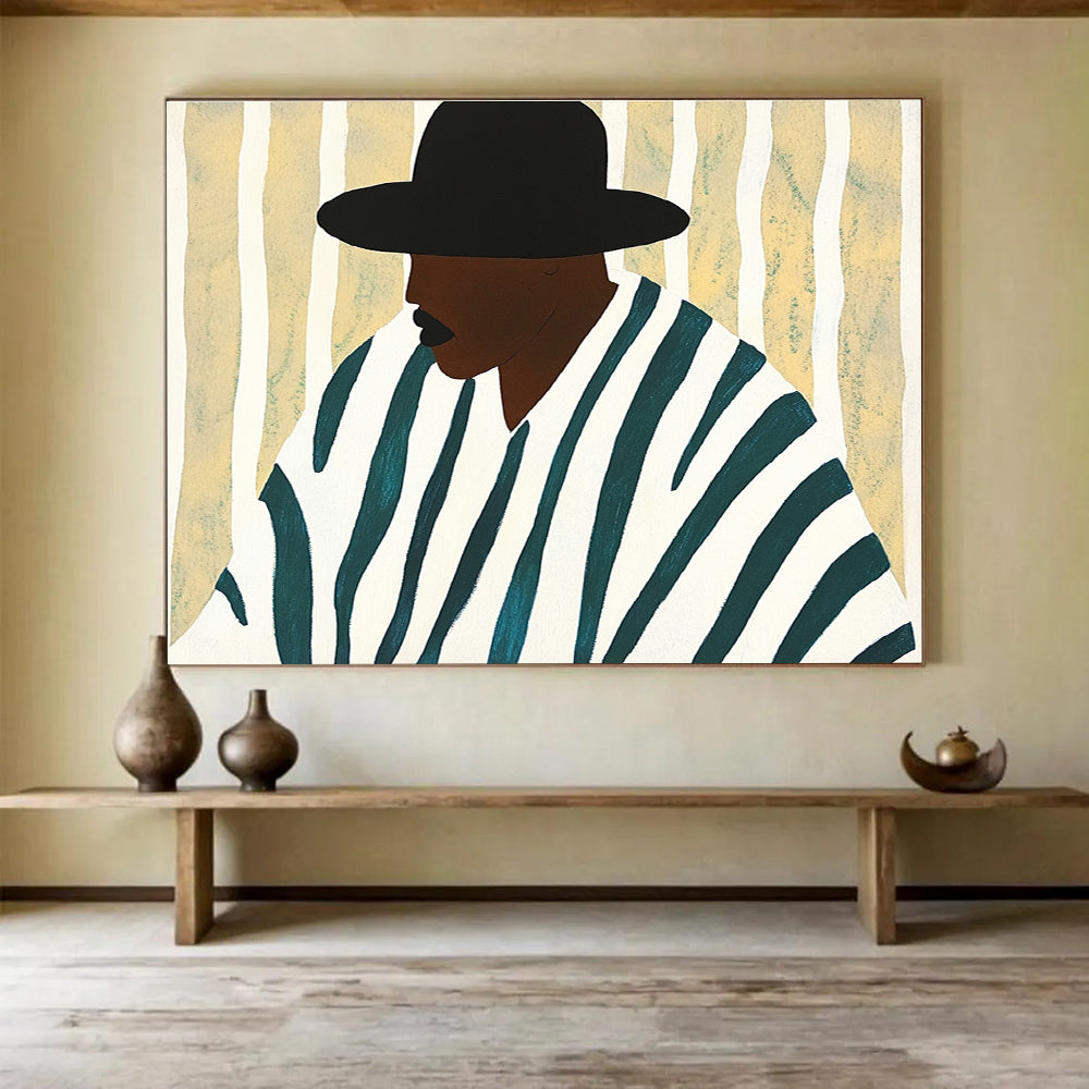 Stylized Figure in Stripes Painting with Modern Graphic Appeal ABS557