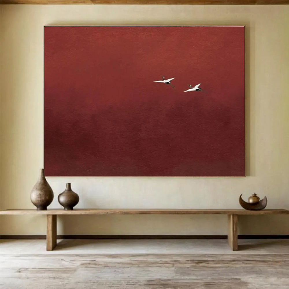 Red - Crane Abstract Painting for Serene Asian - Inspired Spas YHT389