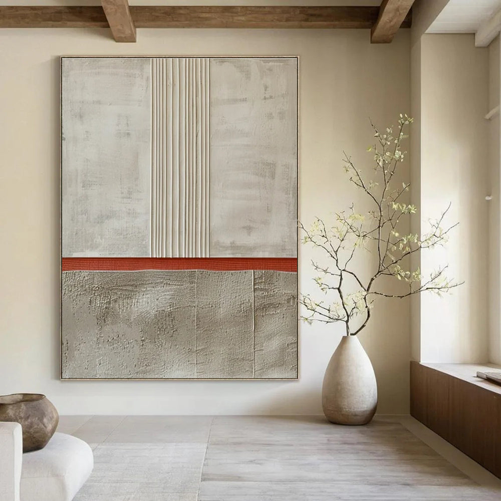 Neutral Tones with Red Stripe Abstract Painting for Industrial - Chic Cafes HENG026