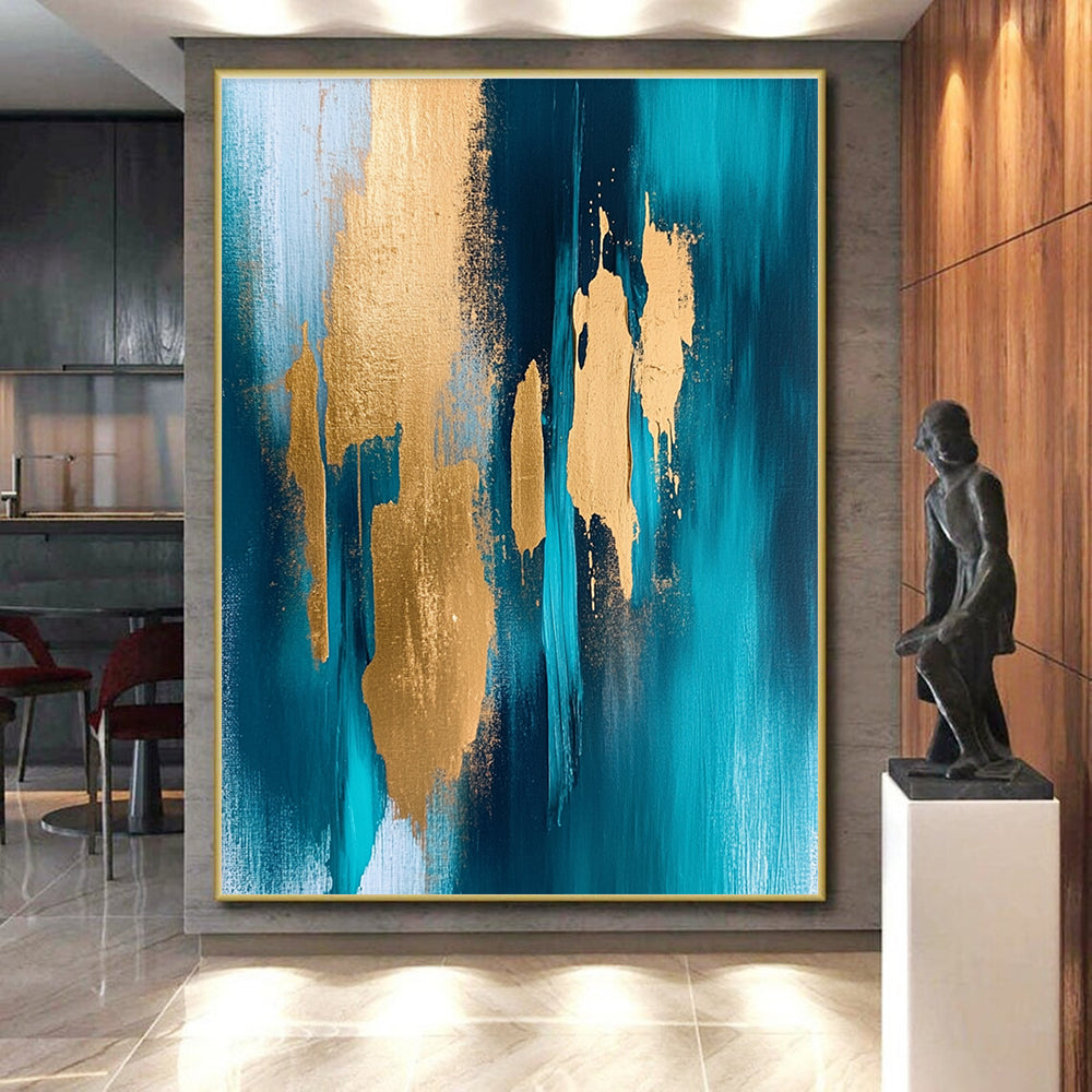 Teal - Gold Abstract Strokes Painting with Bold Radiance WINK381