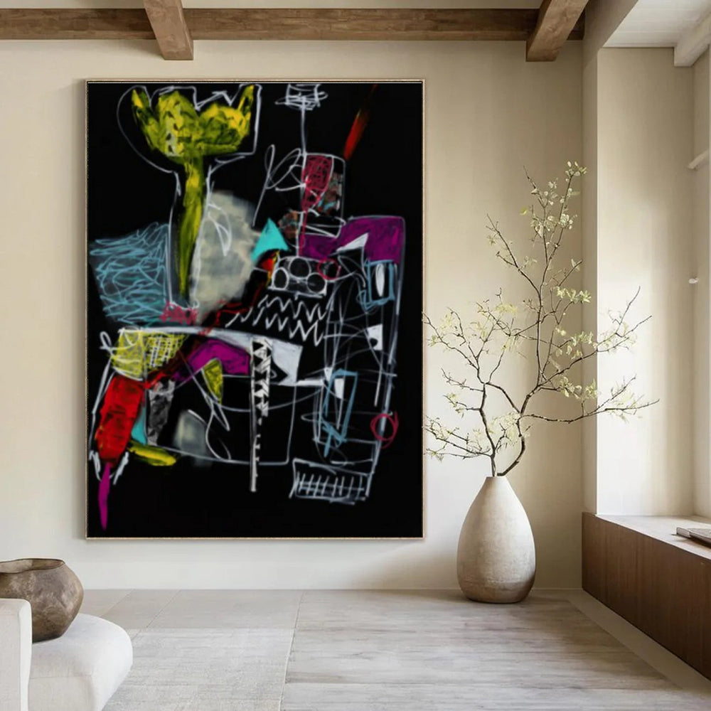 Bold Dark - Hued Abstract Forms Painting for Dramatic Spaces HENG294