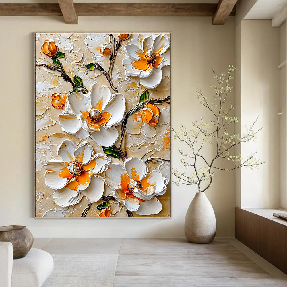 3D White Flowers with Orange Centers Textured Abstract Painting for Elegant Spaces GAB1442