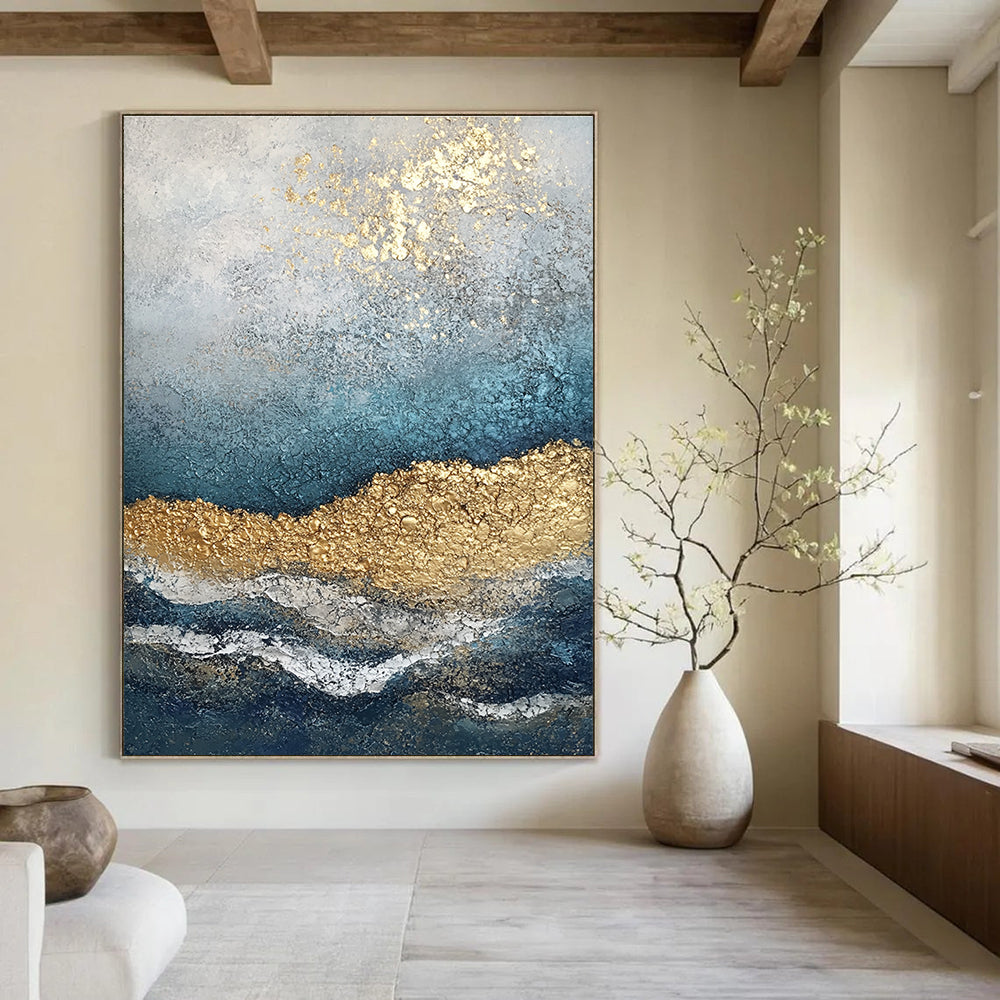Coastal Gold Abstract Painting for Nautical - Themed Living Rooms GAB1253