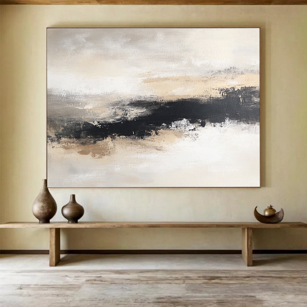 Beige and Black Abstract Landscape Painting with Moody Atmosphere ABS405