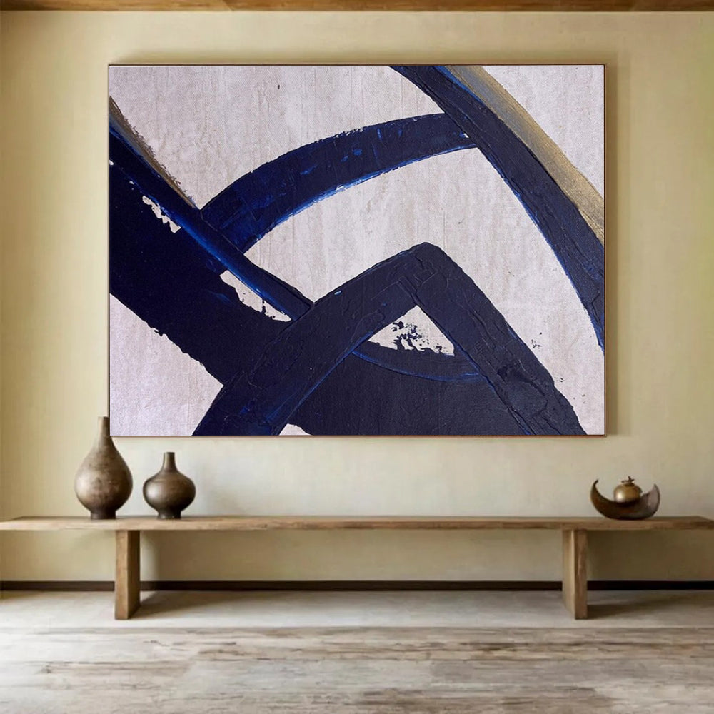Dark Blue Abstract Lines Painting for Modern Corporate Lobbies YHT350
