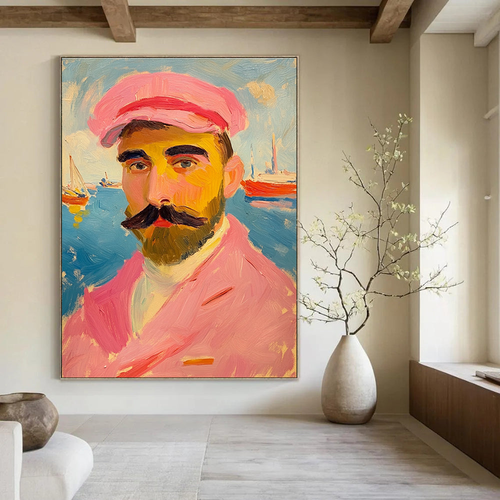Man with Pink Hat Impressionistic Portrait Abstract Painting GAB0322