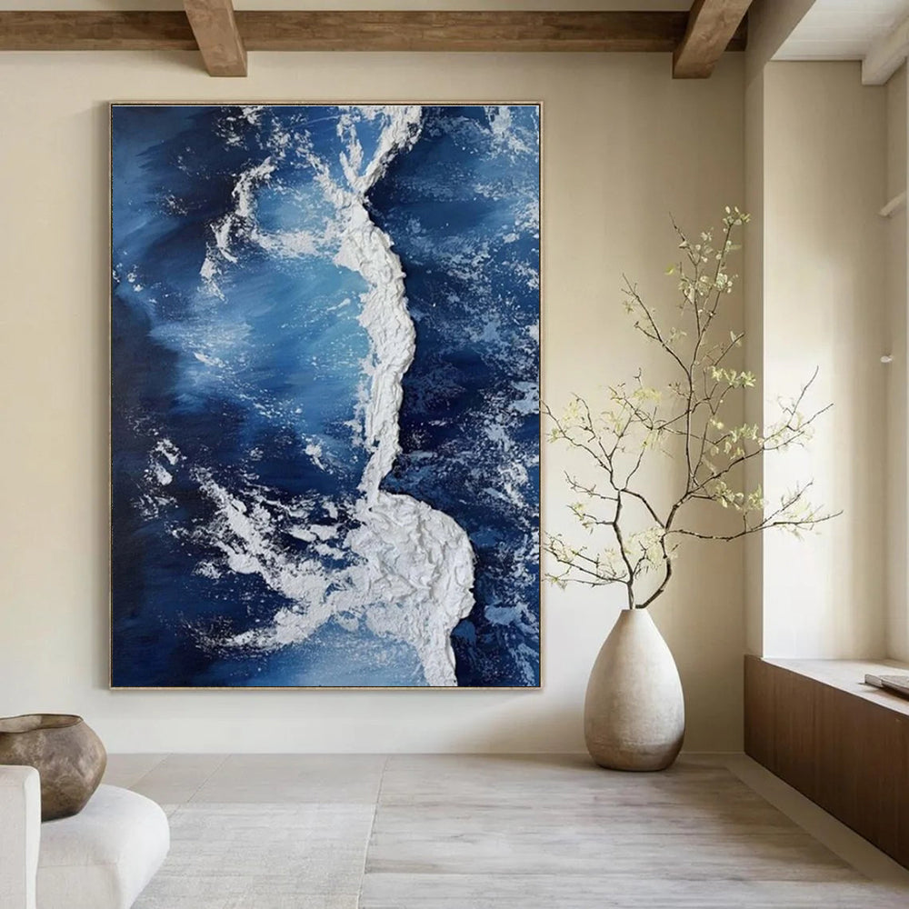 Textured Blue and White Ocean Abstract Painting for Coastal - Themed Cafes HENG335