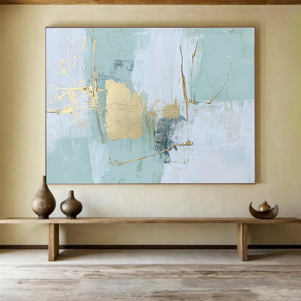 Mint - Gold Abstract Strokes Painting with Subtle, Elegant Accents ABS484