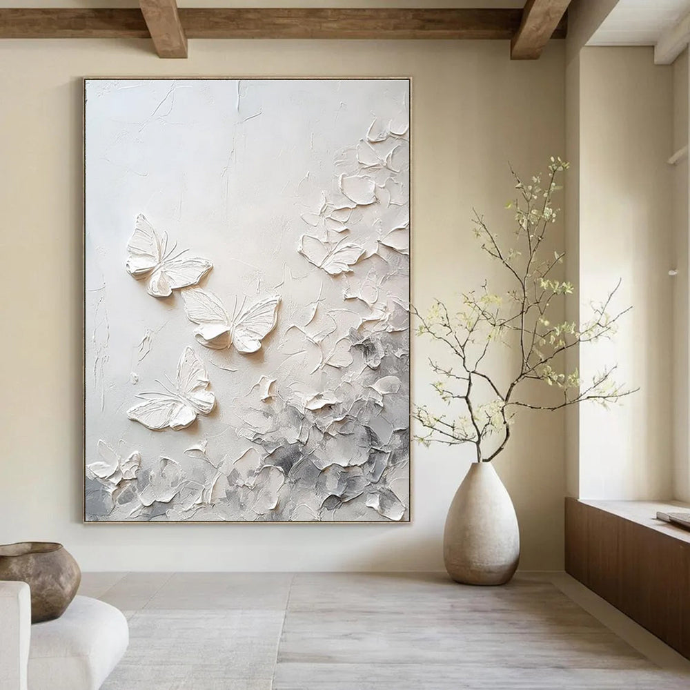 White Textured Butterflies Abstract Painting for Whimsical Nurseries HENG448