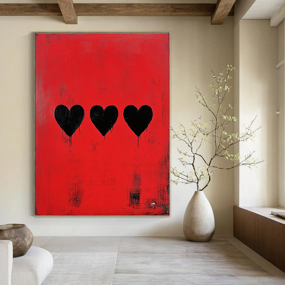 Red and Black Hearts Edgy Abstract Painting for Bold Spaces GAB1489