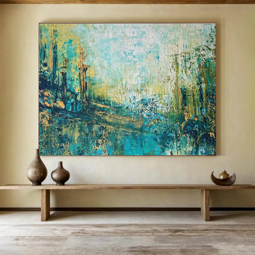 Teal and Gold Abstract Pathway Painting for Outdoor - Themed Lounges YHT328