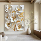 3D White and Gold Flowers Opulent Abstract Painting for Lavish Interiors GAB1529