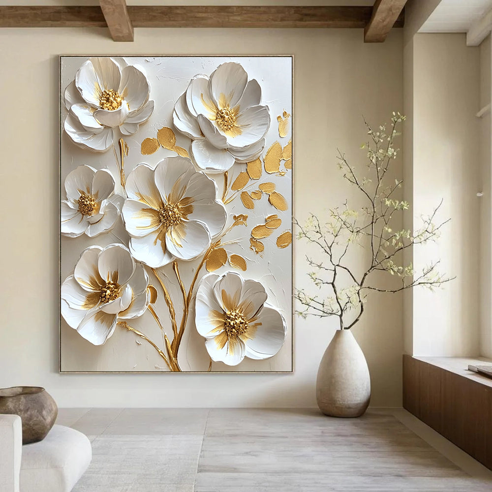 3D White and Gold Flowers Opulent Abstract Painting for Lavish Interiors GAB1529