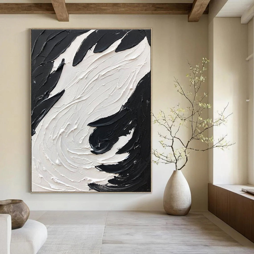 Black - White Swirl Textured Art Abstract Painting for Bold Interiors HENG398