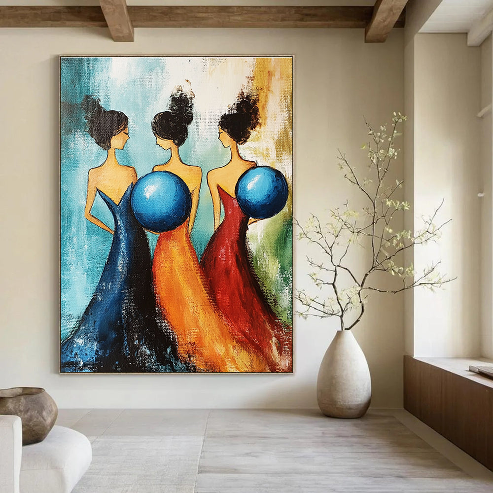 Three Women with Blue Spheres - Whimsical Figurative Abstract Art GAB0431