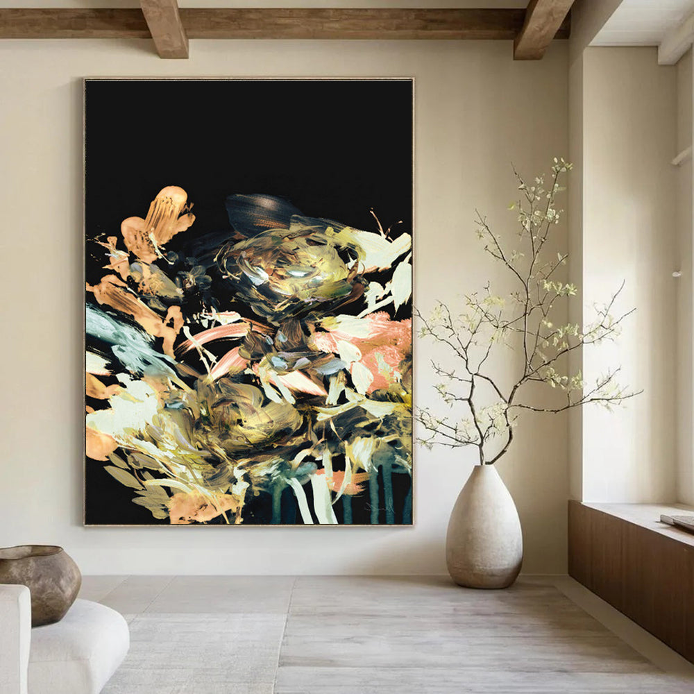 Colorful Floral Abstract on Black Painting for Luxury Home Dining Rooms HENG171