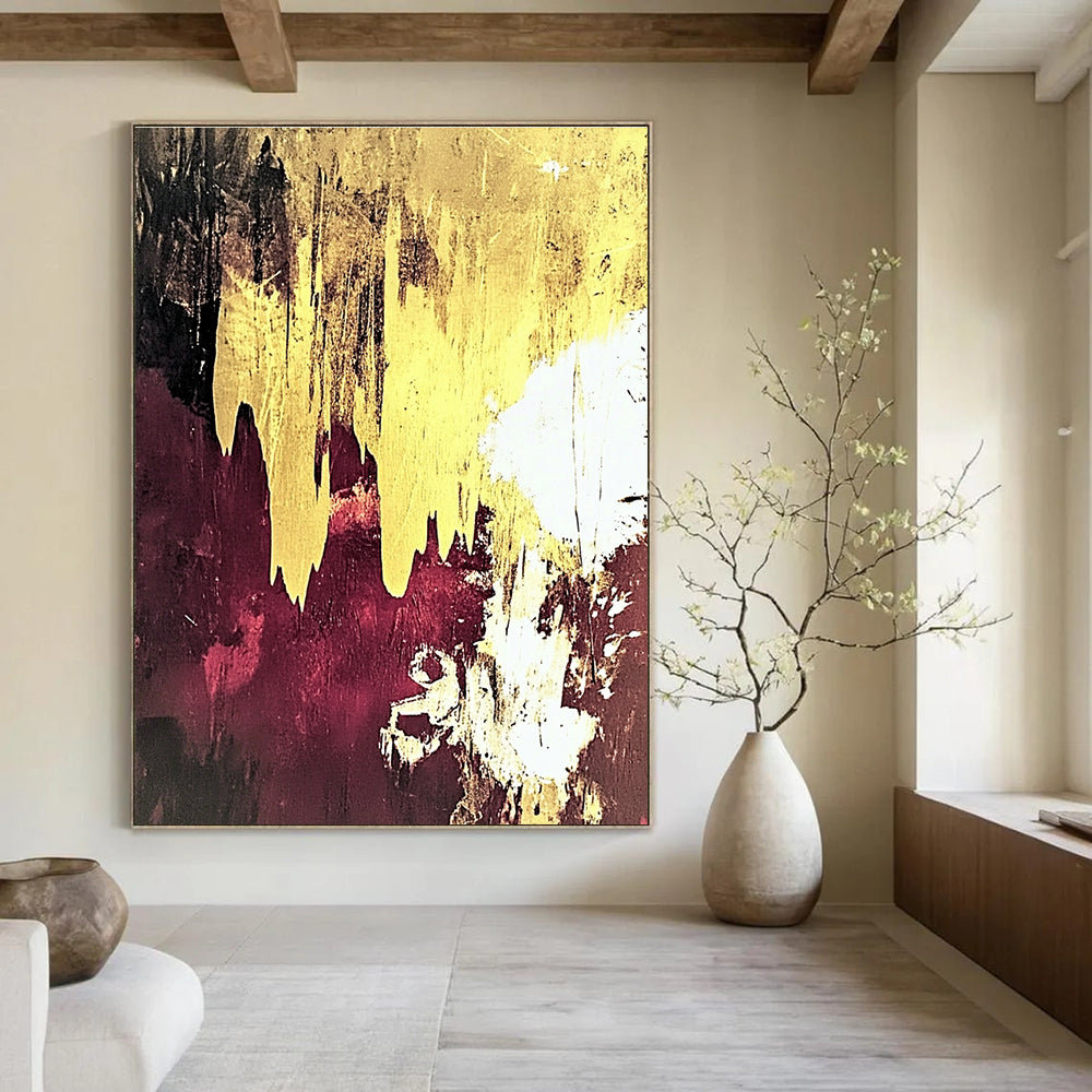 Gold Drip on Maroon Abstract Painting for Opulent Lounges GAB0764