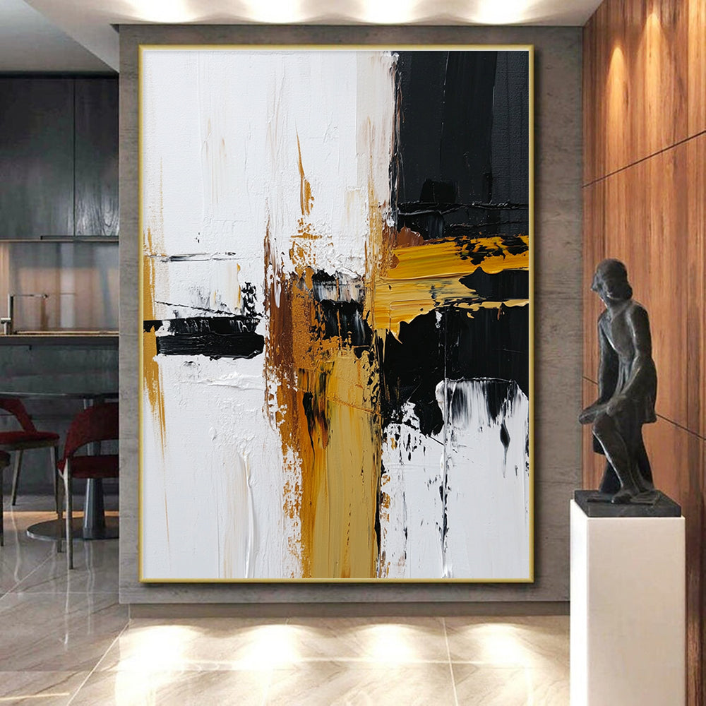 Black White Gold Abstract Painting with Modern Drama WINK483