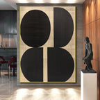 Black Oval Shapes on Woven Background Abstract Painting with Textured Geometry WINK242