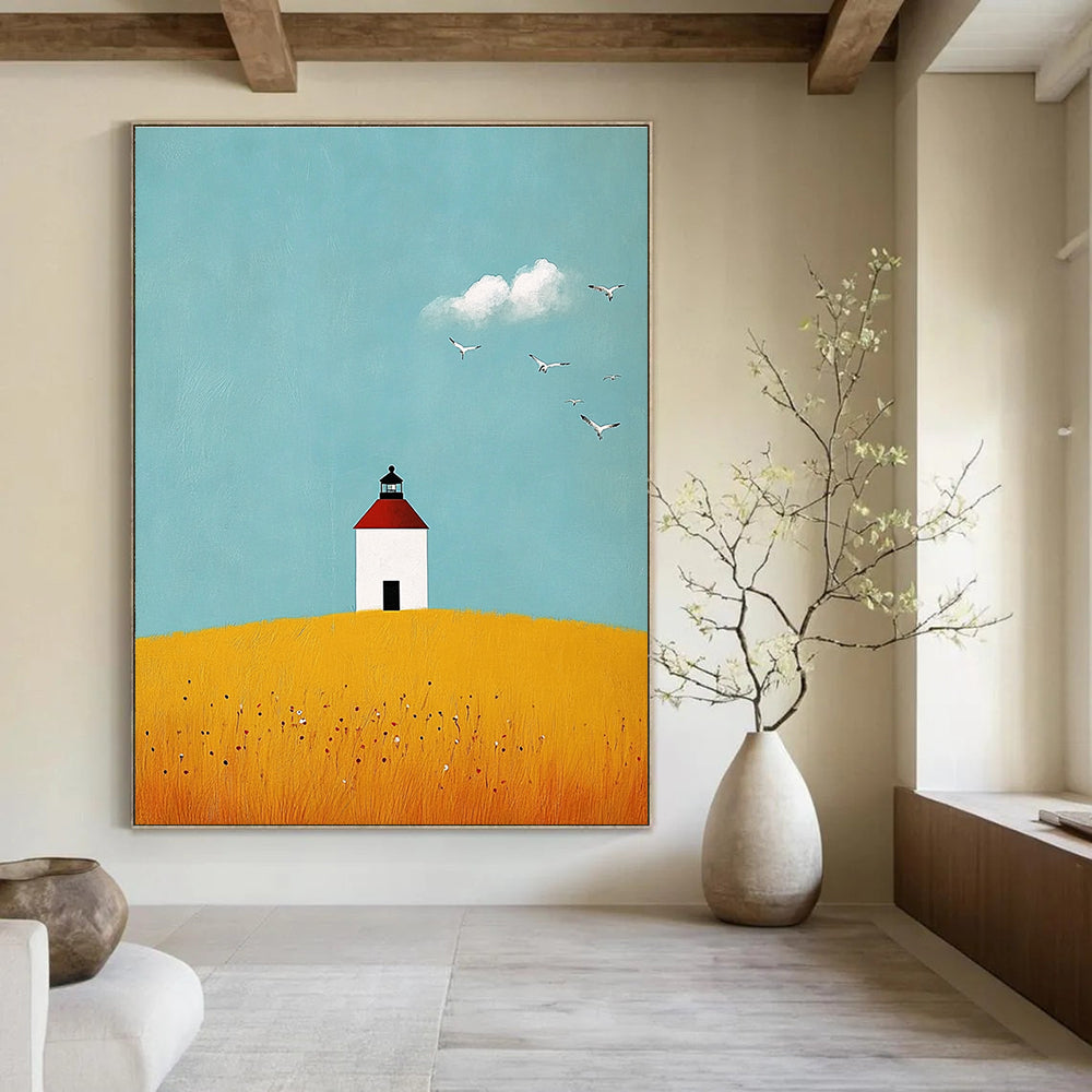 Lighthouse on Yellow Field Abstract Painting of Serene Isolation GAB0180