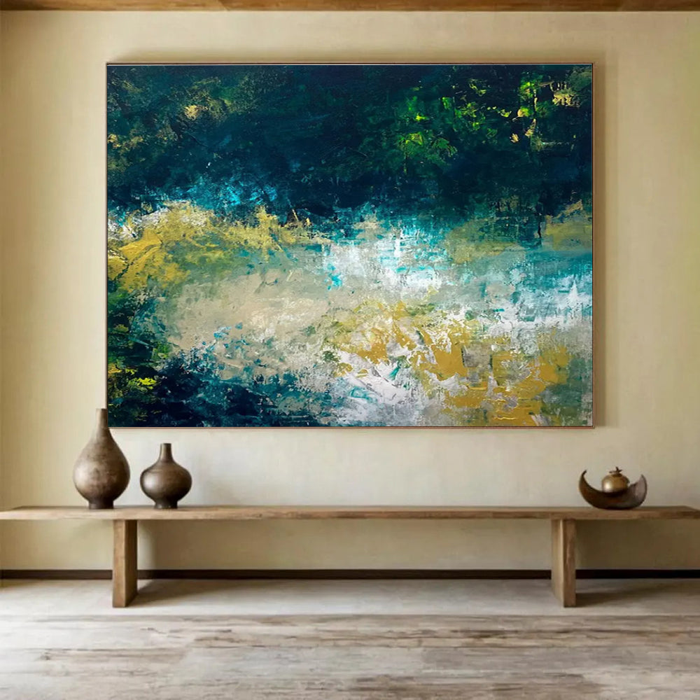 Teal and Gold Abstract Landscape Painting for Coastal Home Interiors YHT326