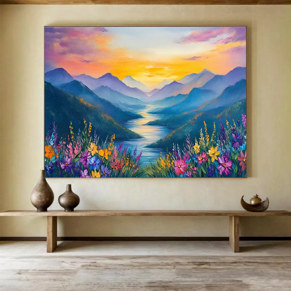 Sunset Mountain River Abstract Painting for Nature - Lover Bedrooms YHT414