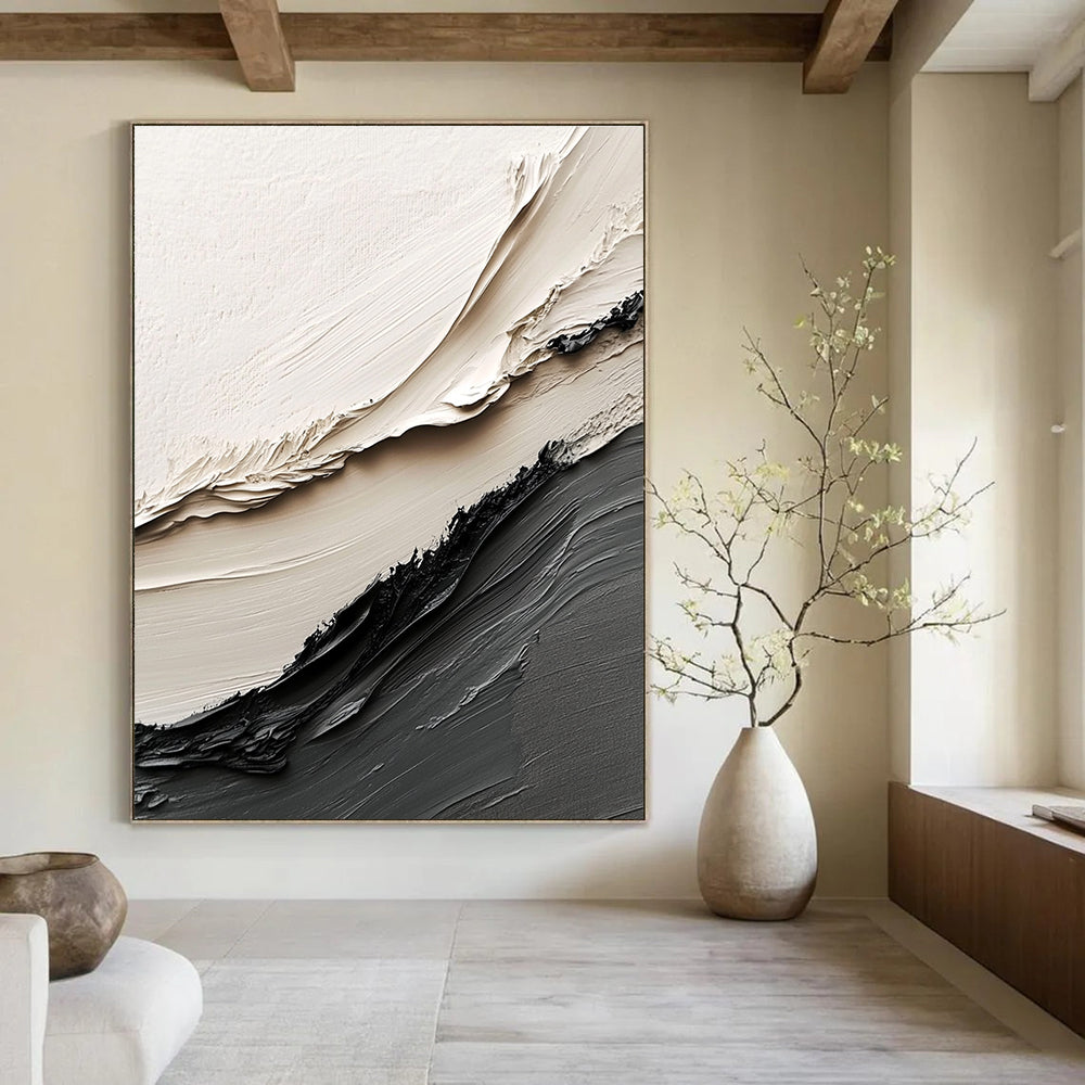 Beige and Black Textured Ridges Industrial Abstract Painting for Loft Spaces GAB1517
