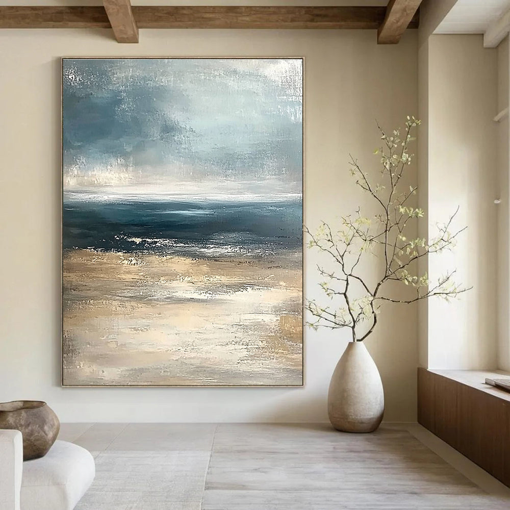 Textured Blue - Beige Sea Abstract Painting: Raw Coastal Charm for Gatherings GAB0959