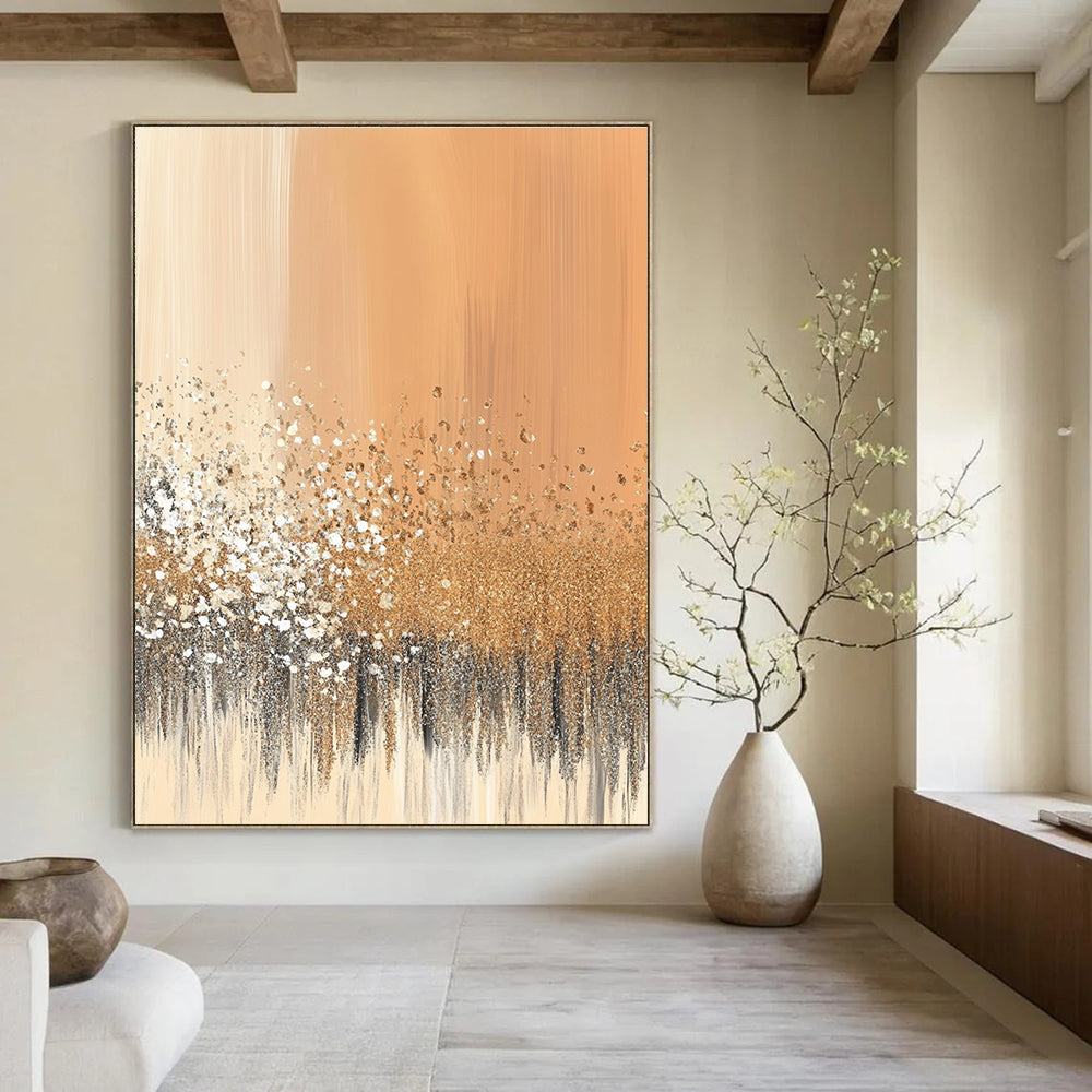 Golden Glitter on Peach Abstract Painting of Luxurious Sparkle GAB0114
