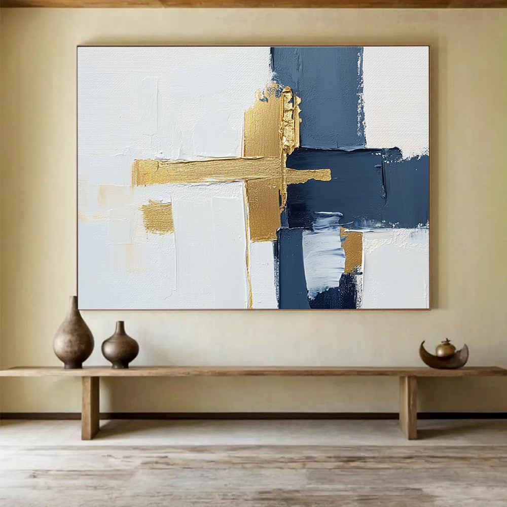 Blue and Gold Cross Abstract Painting with Minimalist Elegance ABS426