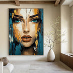 Blue - Gold Contrast Portrait Abstract Painting: Expressive Textures & Personality GAB0951