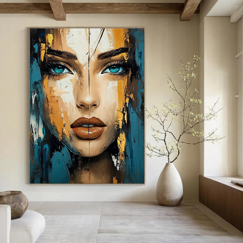 Blue - Gold Contrast Portrait Abstract Painting: Expressive Textures & Personality GAB0951