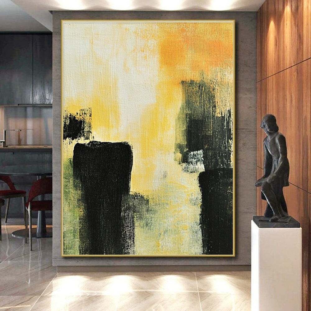Yellow - Black Abstract Forms Painting with Dramatic Contrast WINK433