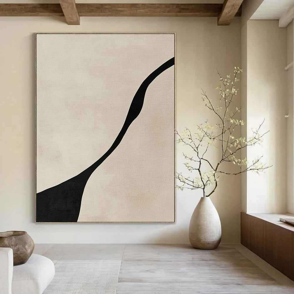 Curved Black Line Abstract Painting for Monochrome - Themed Hallways GAB1384