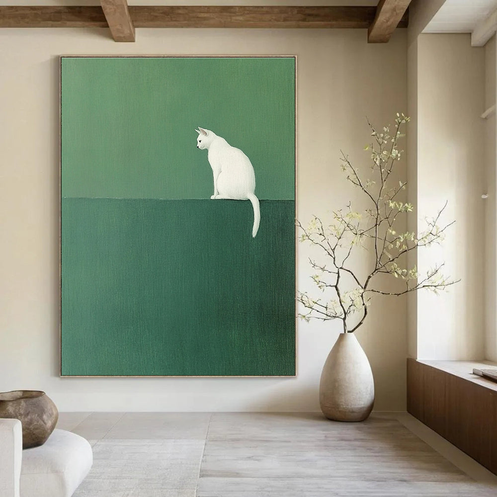 White Cat on Green - Minimalist Animal Art GAB0405