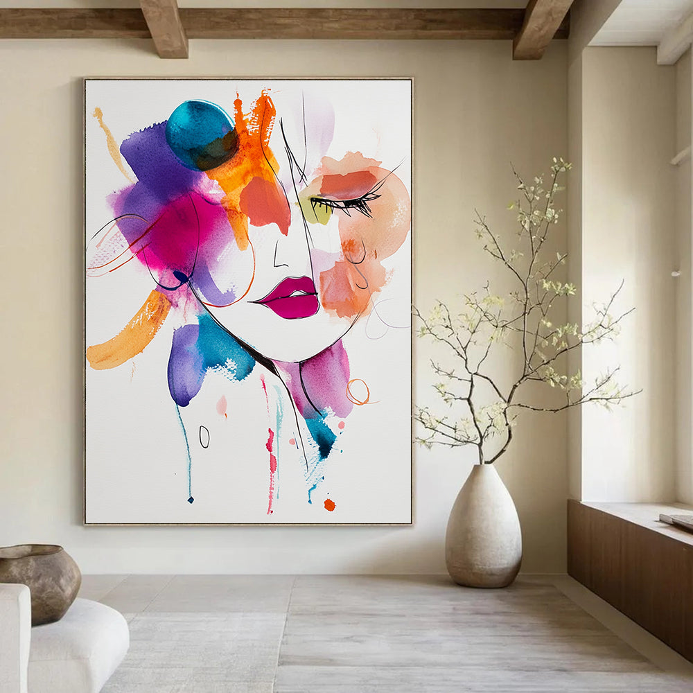 Watercolor Woman with Color Splashes Vibrant Abstract Portrait GAB0349