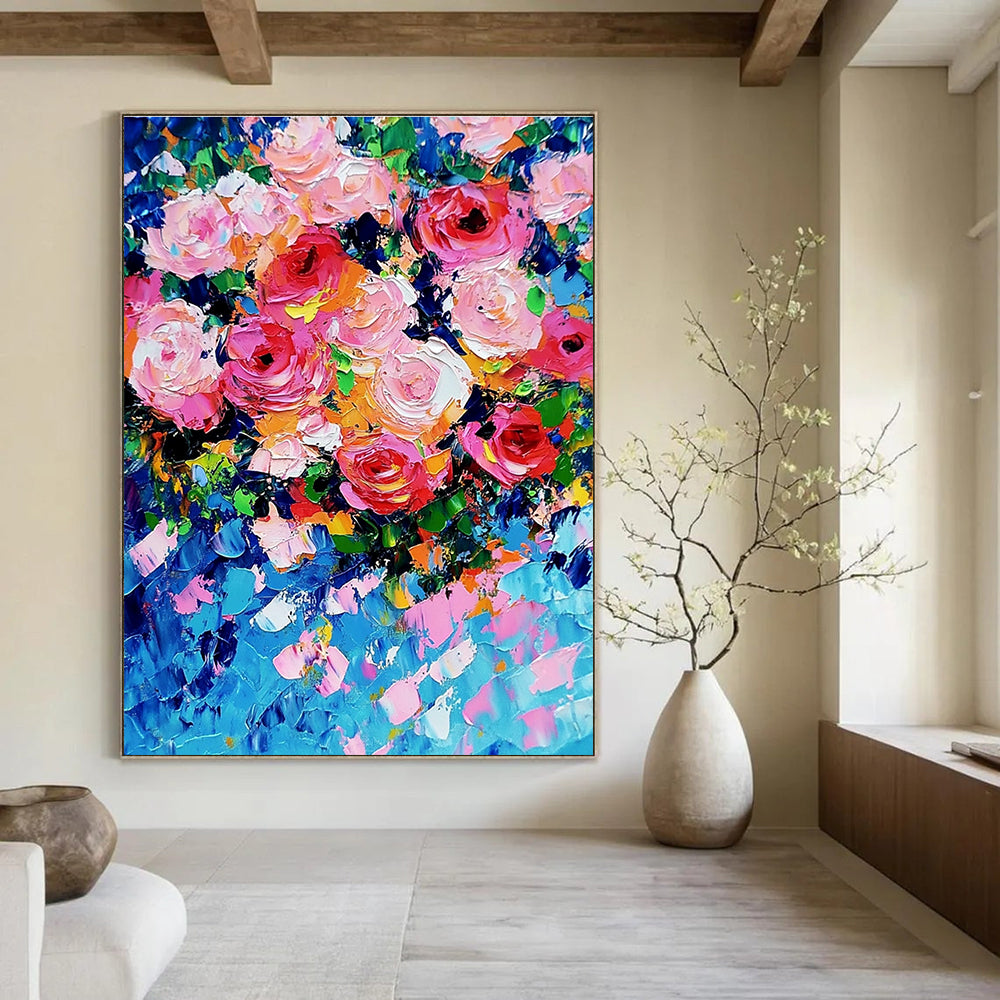 Bold Pink Rose Bouquet Abstract Painting of Passionate Blooms GAB0161
