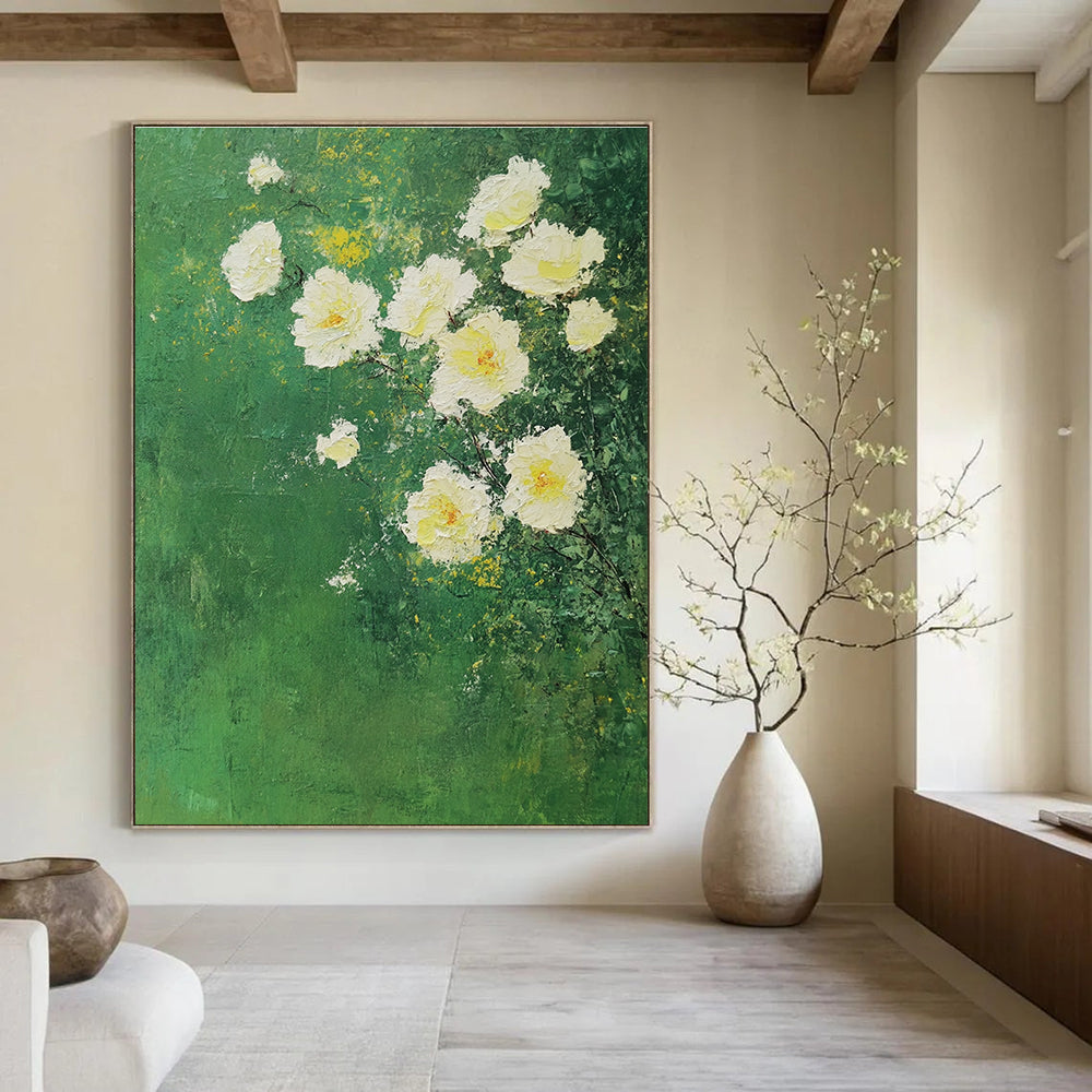 White Roses on Green Impressionistic Abstract Painting GAB0305