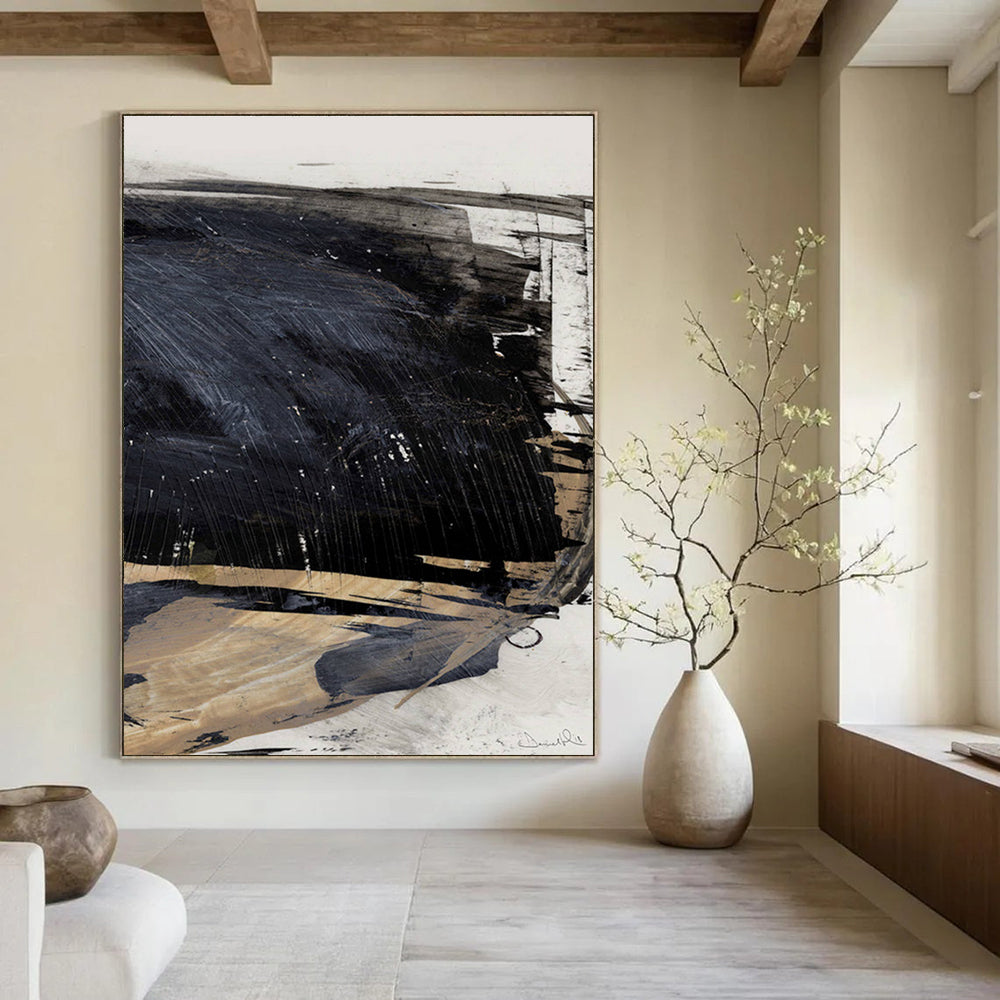Dynamic Black - Beige Abstract Painting for Contemporary Art Exhibits HENG202