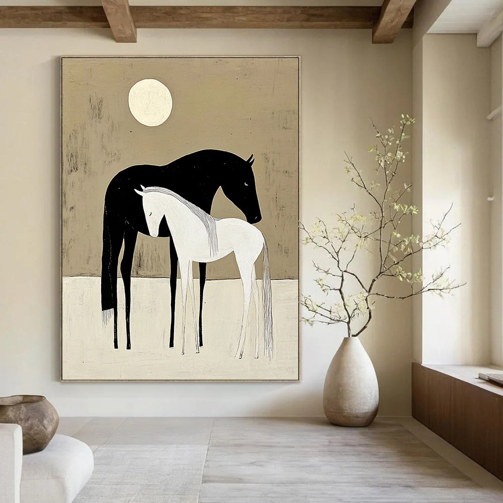 Serene Black and White Horses Under Moon Abstract Painting GAB0034
