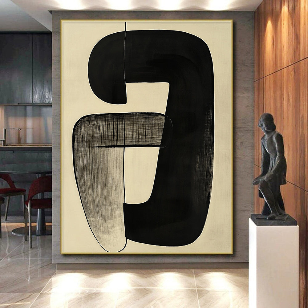 Curved Black Forms on Beige Abstract Painting with Subtle Flow WINK012