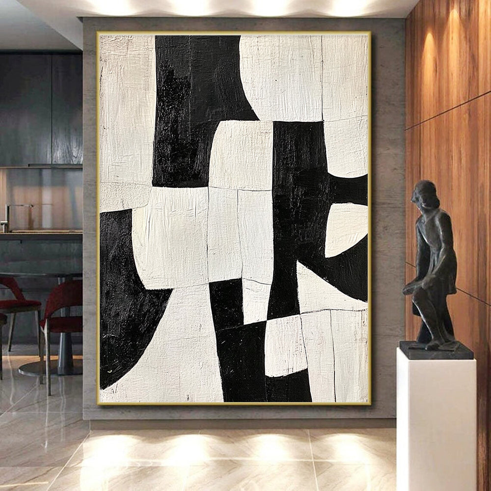 Black - and - White Patchwork Abstract Painting with Bold Contrast WINK323