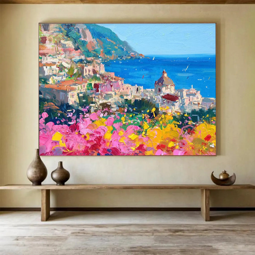 Coastal Town Abstract Painting for Mediterranean - Style Resorts YHT473