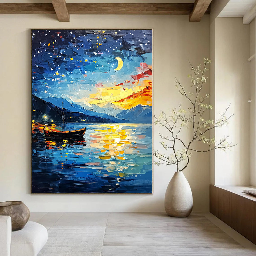 Moonlit Lake with Boat Enchanting Landscape Abstract Painting GAB0283