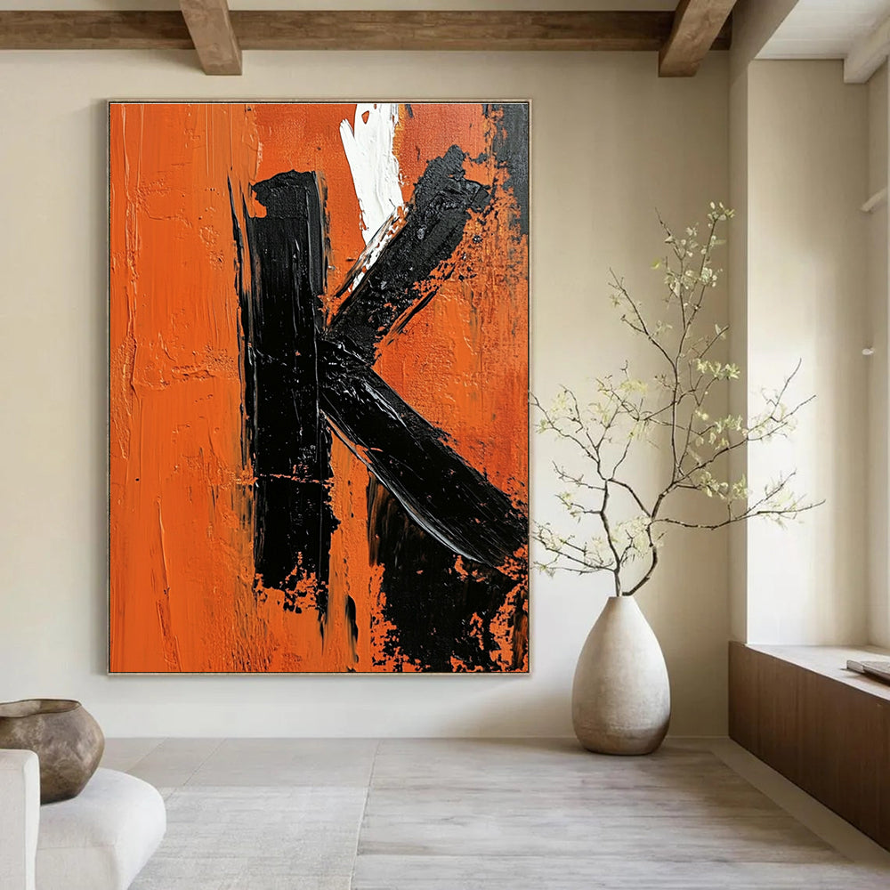 Bold Black and Orange Letter K Abstract Painting for Industrial - Style Spaces GAB1366