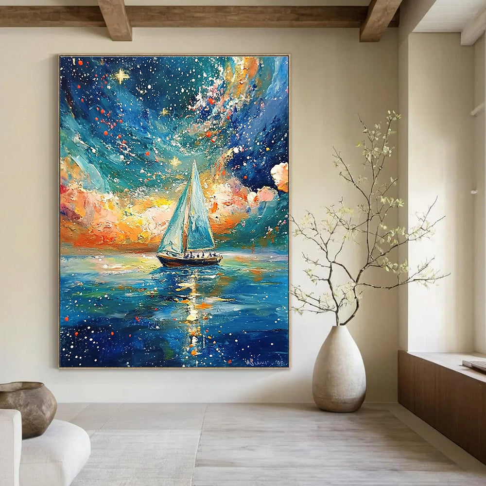 Sailboat Under Starry Sky Dreamy Maritime Abstract Painting GAB0354